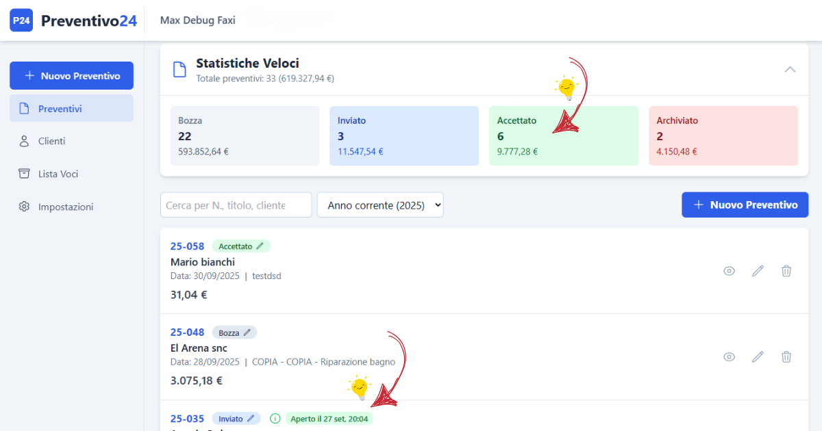 Stato e tracciamento via e-mail di un preventivo